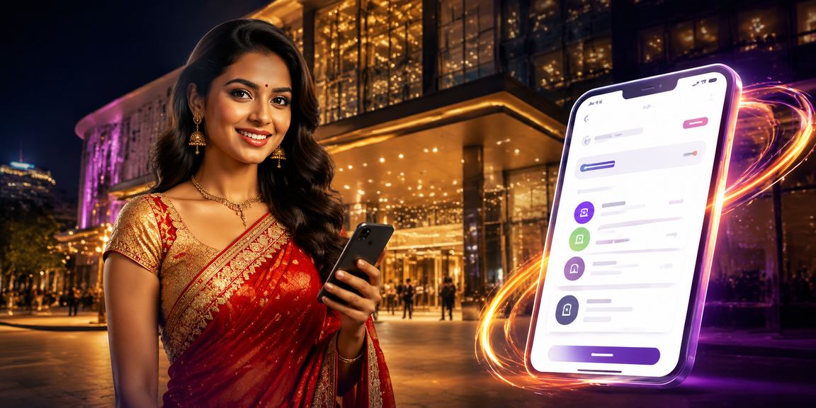 Indian woman using the payment interface of f64 on mobile device